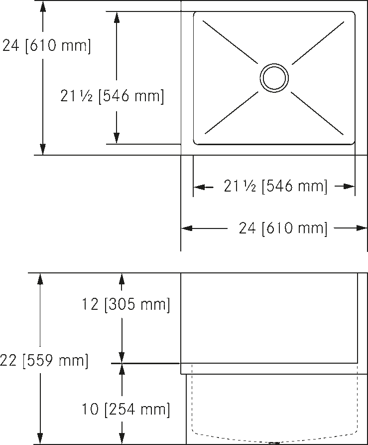 Franke Commercial utility sink FSS222210-316-1 dimension drawing