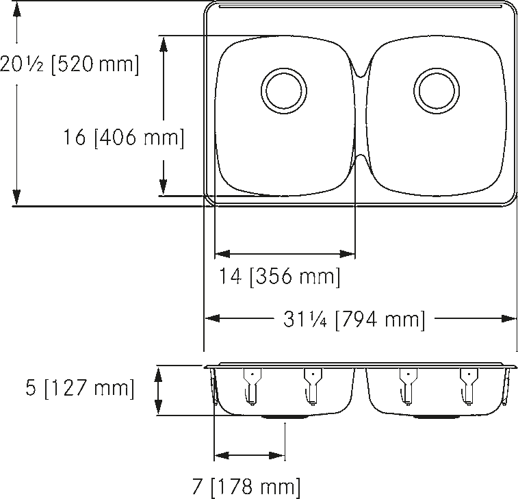 Franke Commercial stainless steel sink ALBD6405P-1 dimension drawing