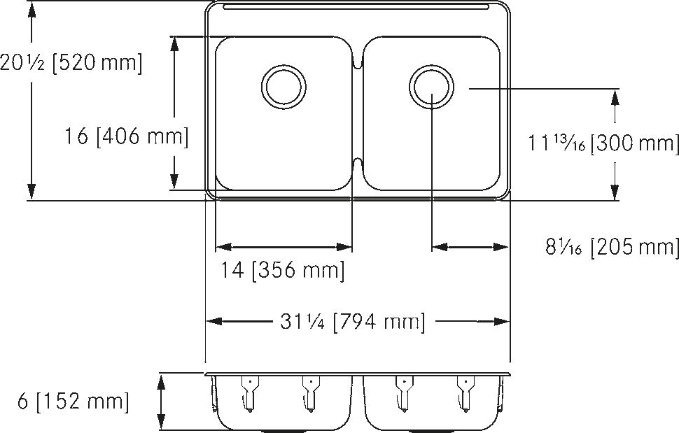 Franke Commercial stainless steel sink ALBD6406P-1 dimension drawing