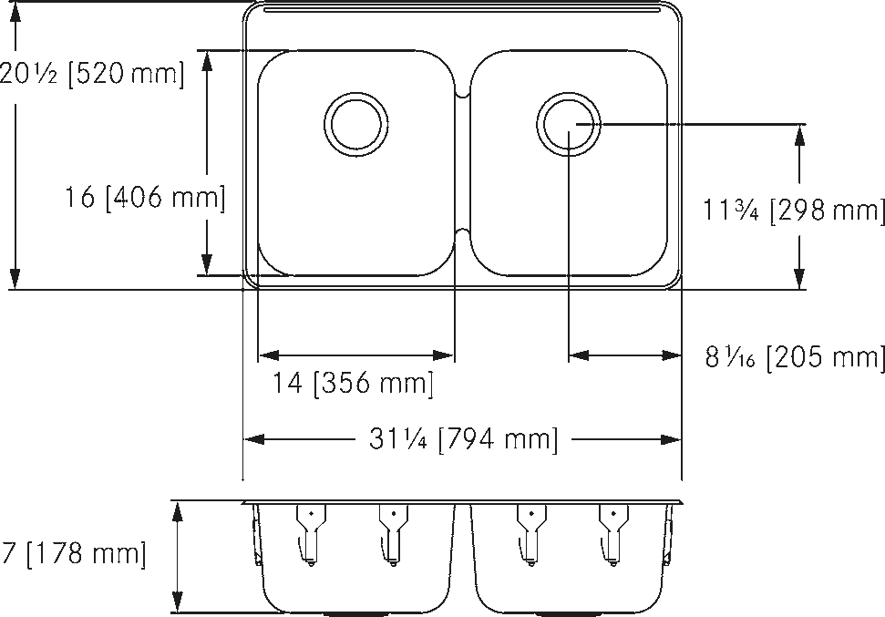 Franke Commercial stainless steel sink LBD6407-1 dimension drawing