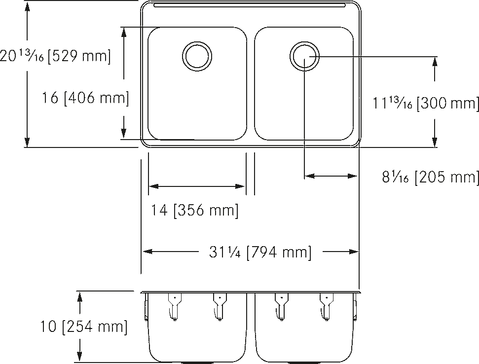 Franke Commercial stainless steel sink LBD6410PCB-1 dimension drawing