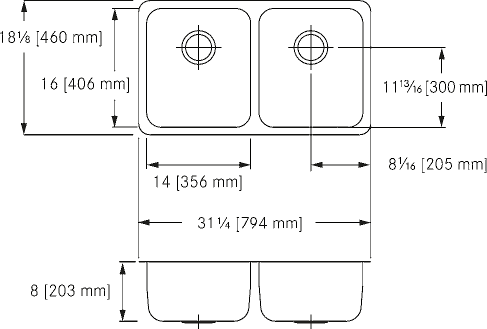 Franke Commercial stainless steel sink UCD6408P-1 dimension drawing