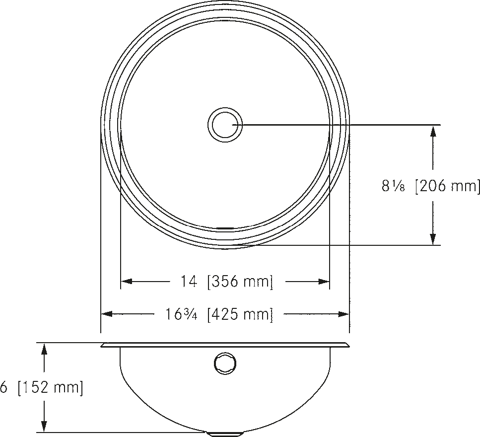 Franke Commercial vanity basin OV17-6 dimension drawing