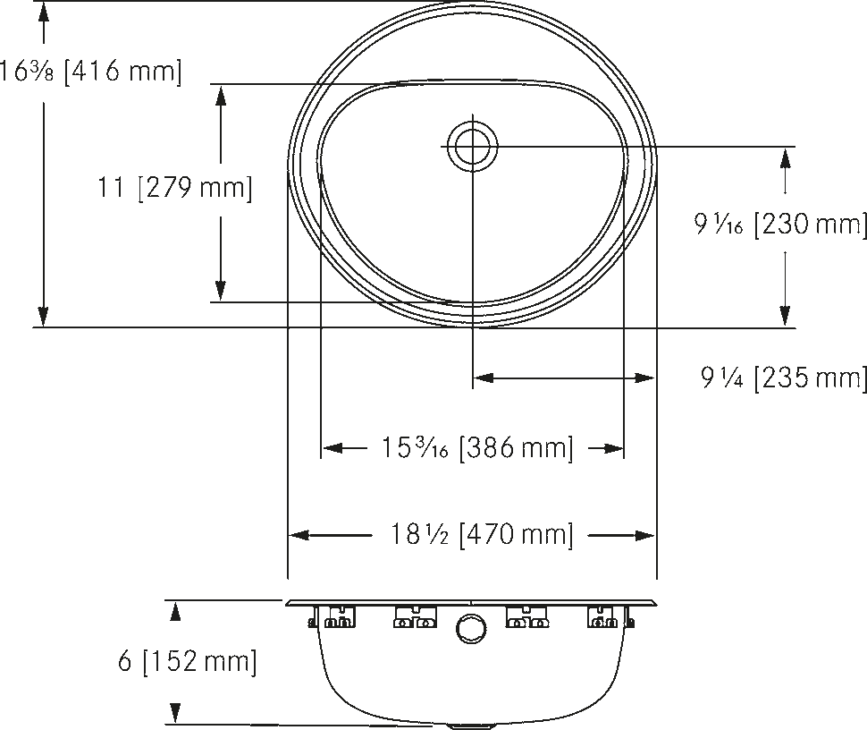 Franke Commercial vanity basin V1619-6-3 dimension drawing