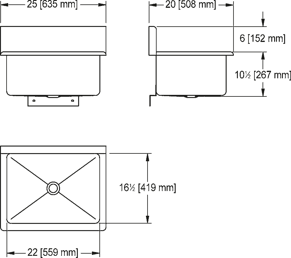 Franke Commercial utility sink WTS2025-1 dimension drawing