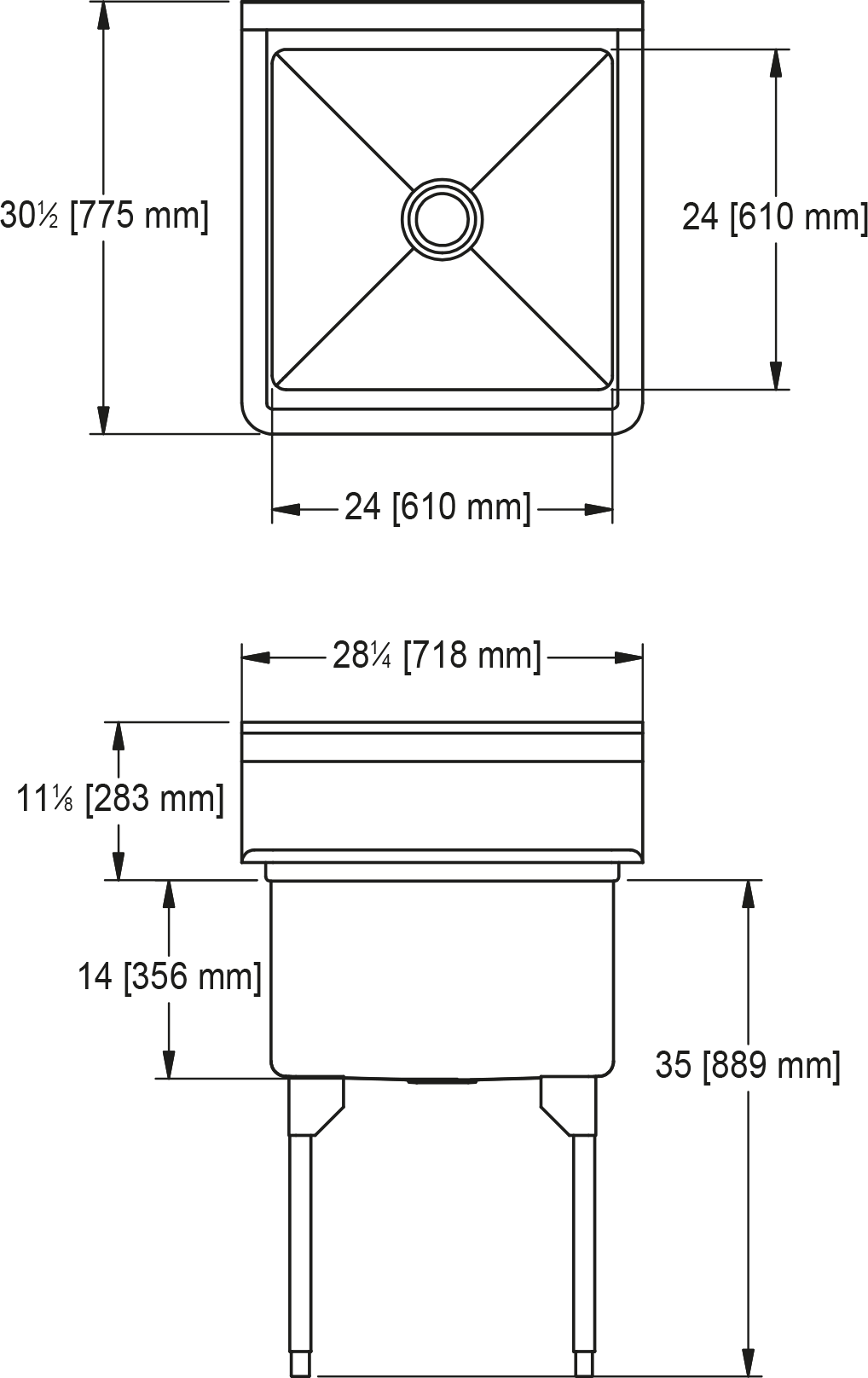 Franke Commercial scullery sink RSL2424-1 dimension drawing