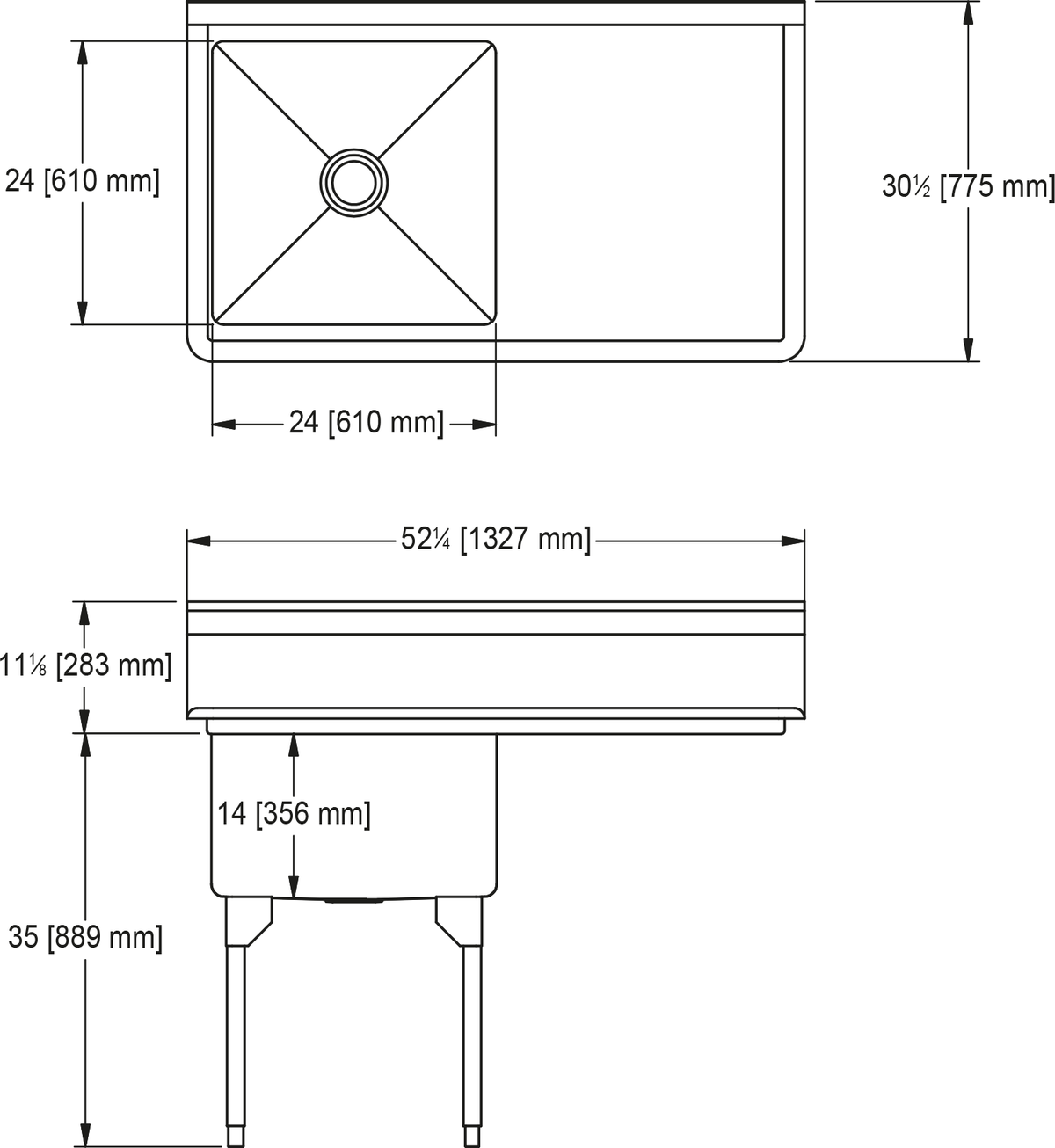 Franke Commercial scullery sink RSL2424R-1 dimension drawing