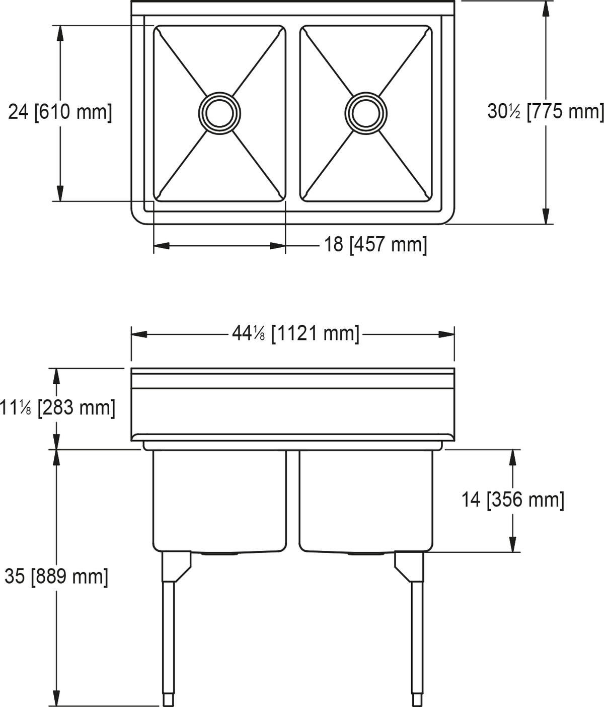 Franke Commercial scullery sink RDL2436-1 dimension drawing