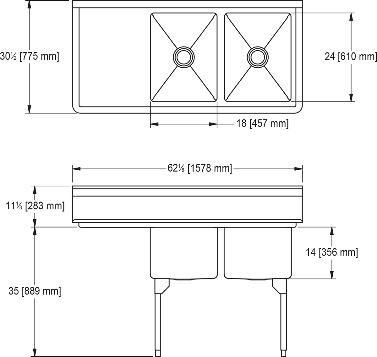 Franke Commercial scullery sink RDL2436L-1 dimension drawing