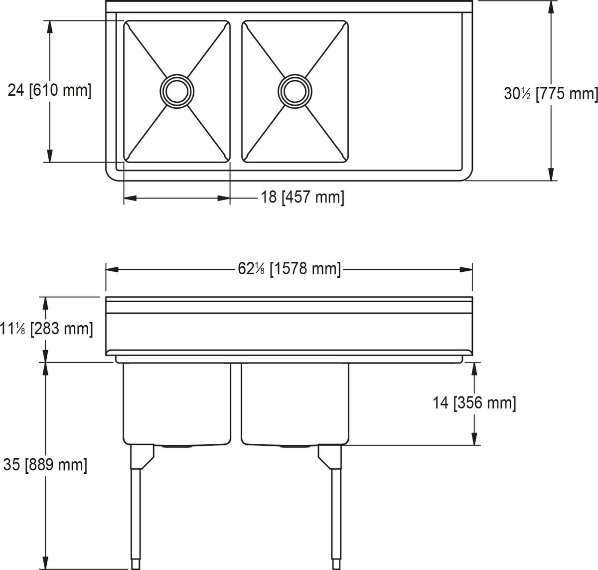 Franke Commercial scullery sink RDL2436R-1 dimension drawing