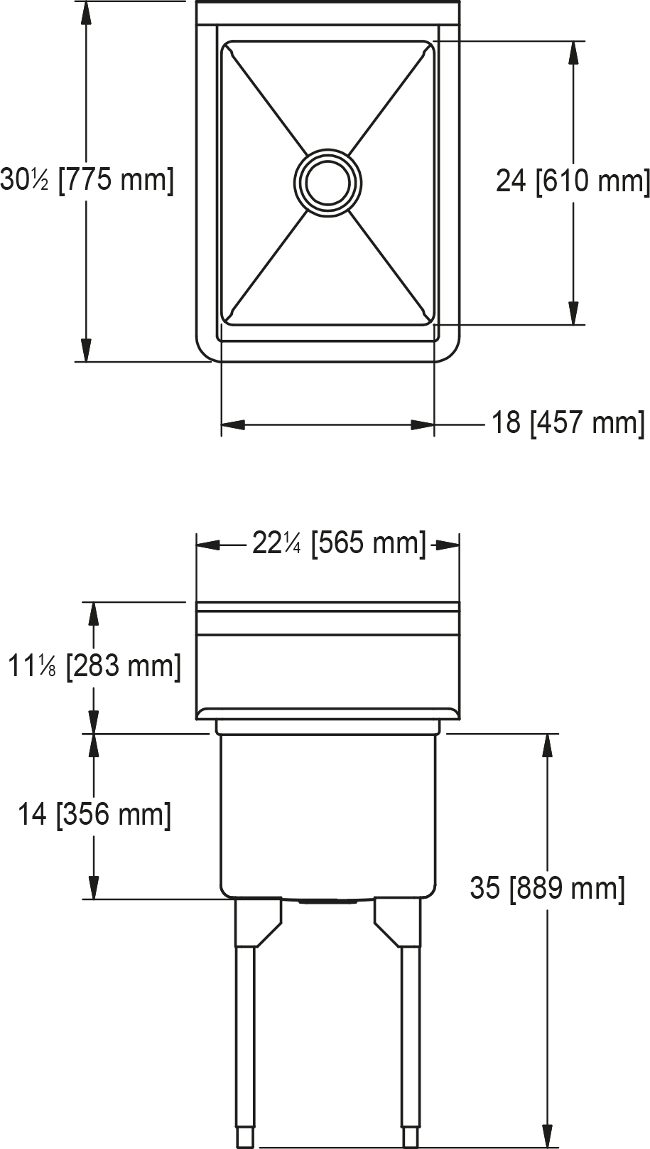 Franke Commercial scullery sink WSL2418-1 dimension drawing