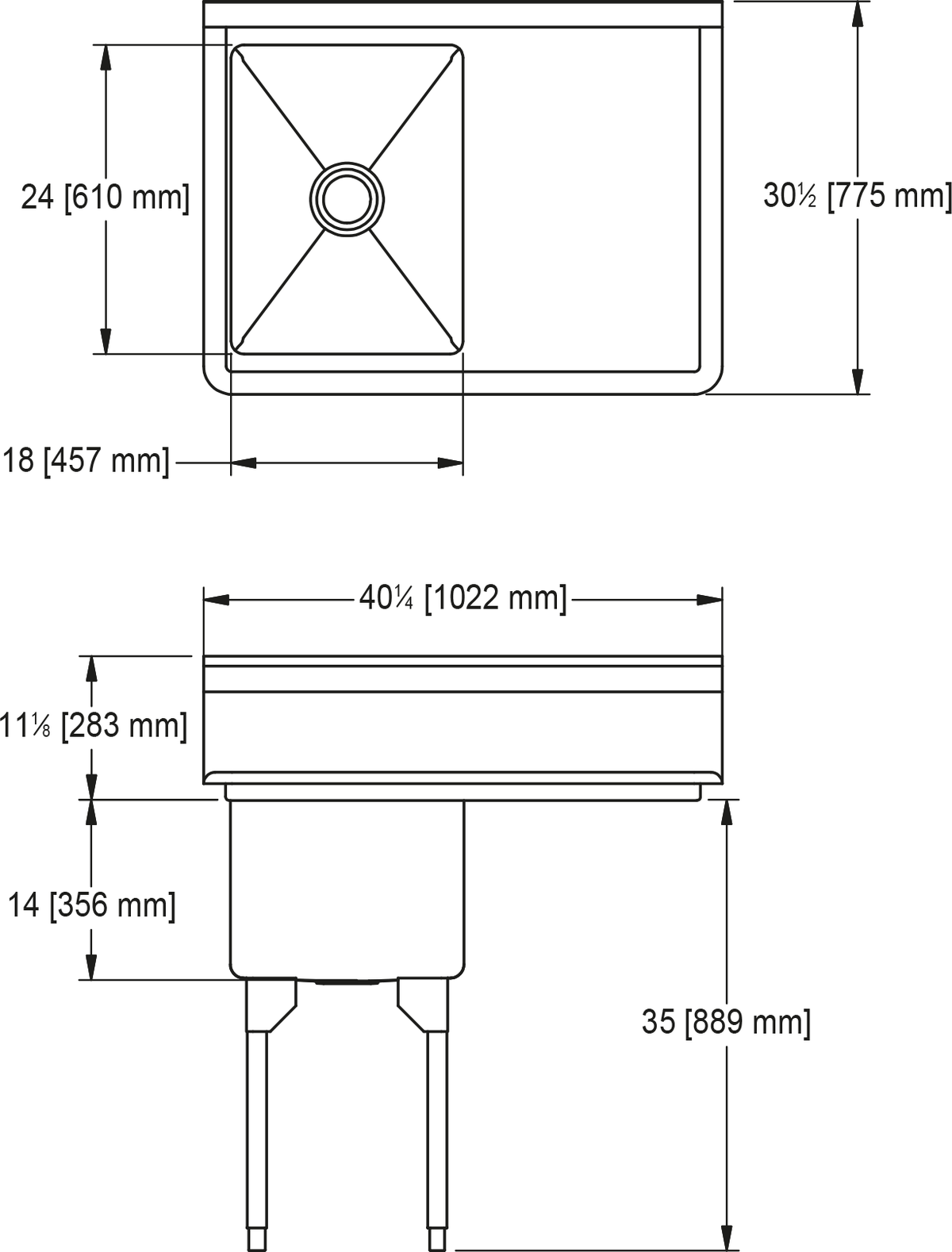 Franke Commercial scullery sink WSL2418R-1 dimension drawing