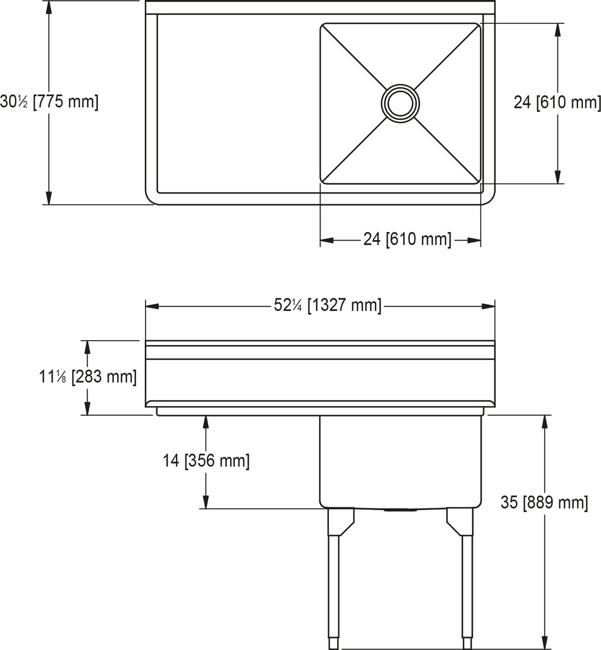 Franke Commercial scullery sink WSL2424L-1 dimension drawing