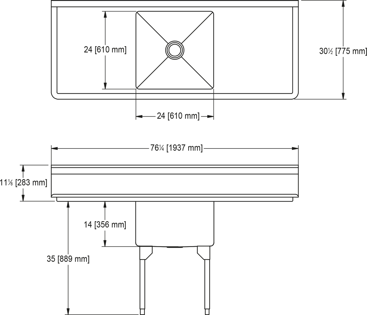 Franke Commercial scullery sink WSL2424LR-1 dimension drawing