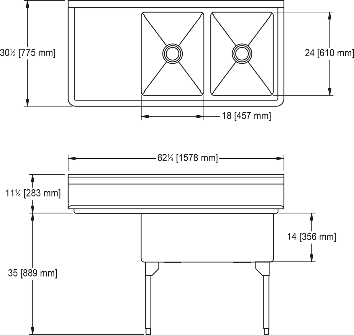 Franke Commercial scullery sink WDL2436L-1 dimension drawing