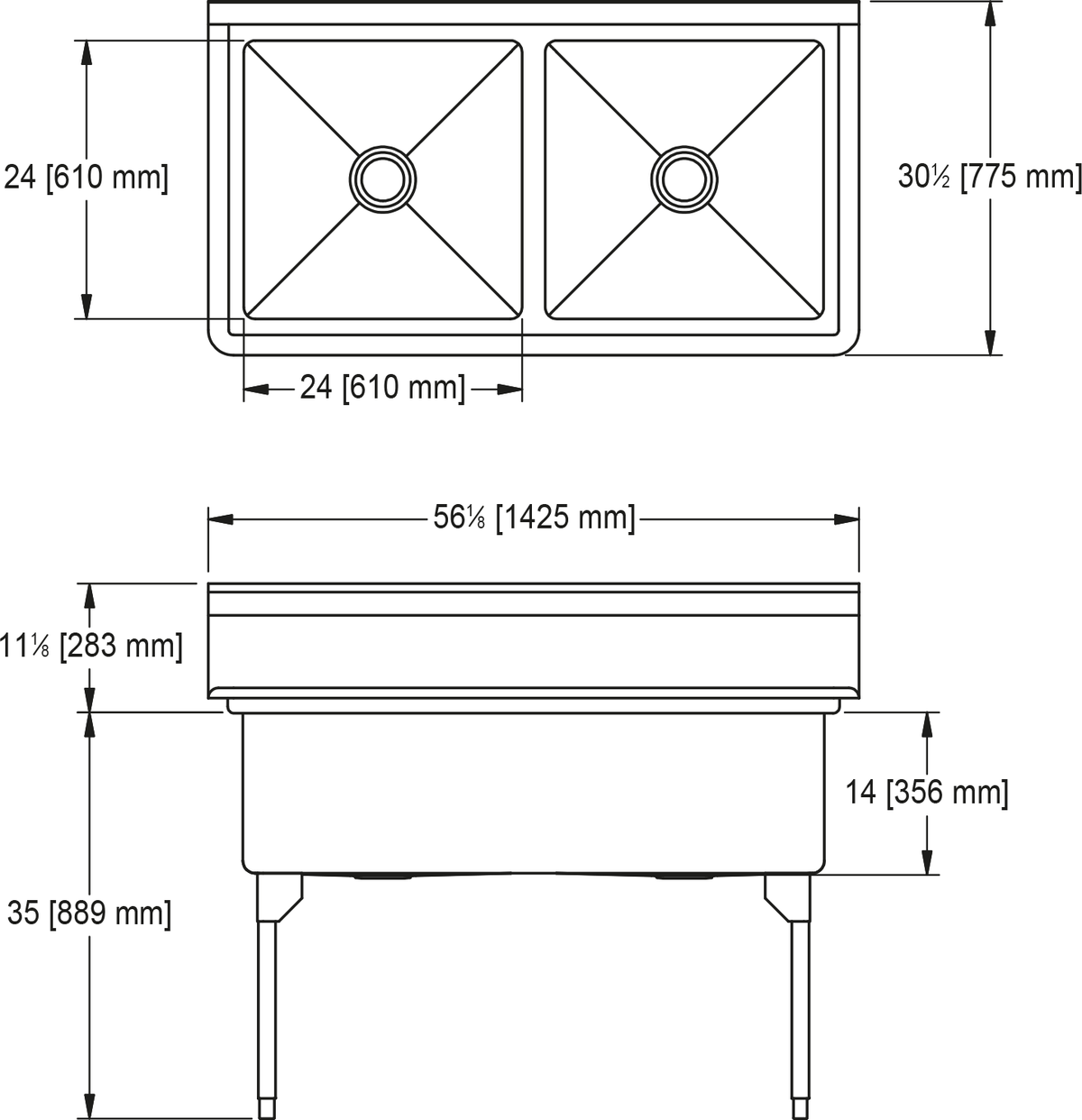 Franke Commercial scullery sink WDL2448-1 dimension drawing