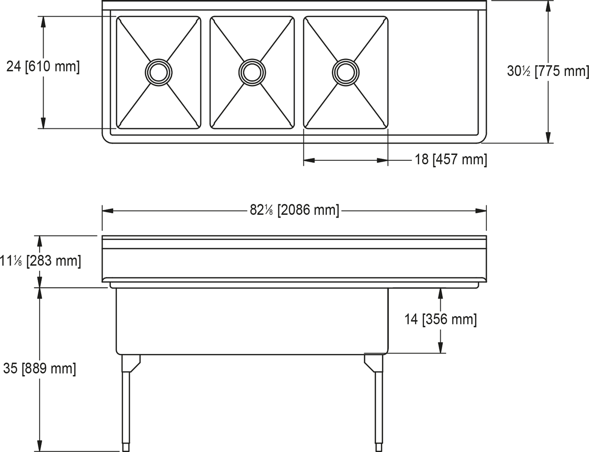 Franke Commercial scullery sink WTL2454R-1 dimension drawing