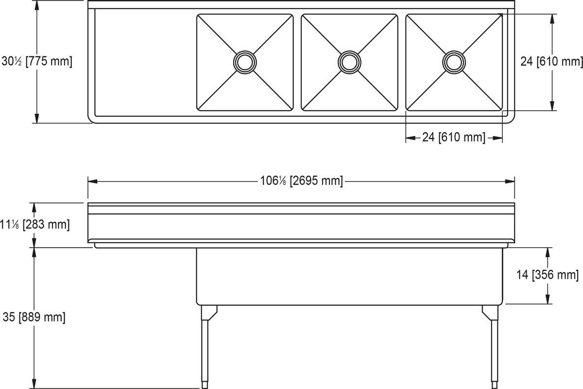 Franke Commercial scullery sink WTL2472L-1 dimension drawing
