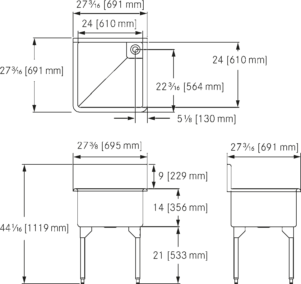 Franke Commercial scullery sink SL2424-5 dimension drawing