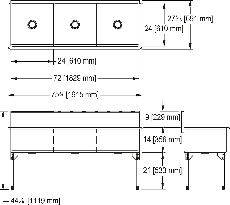 Franke Commercial scullery sink TL2472-1 dimension drawing