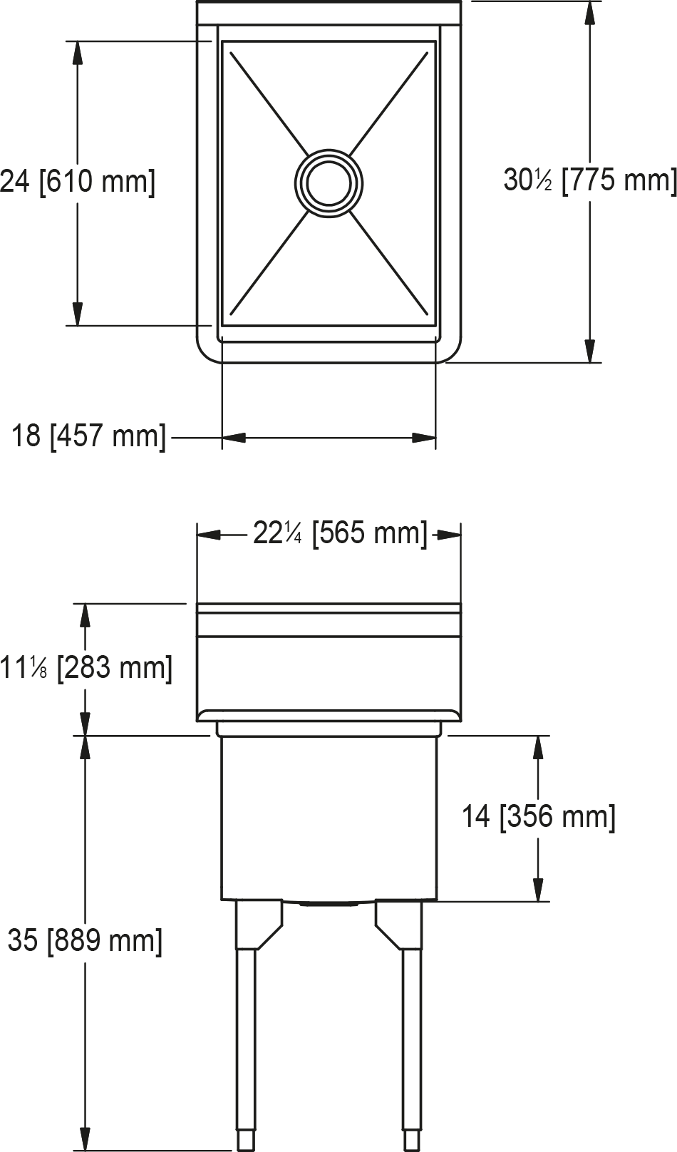 Franke Commercial scullery sink SSL2418-1 dimension drawing