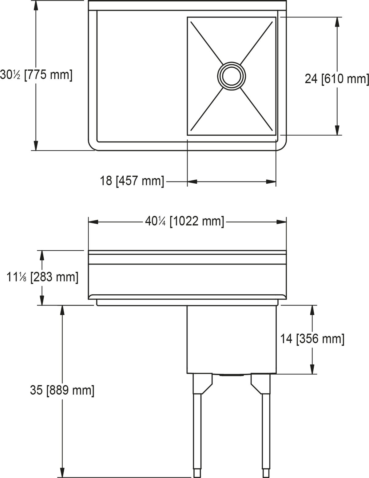 Franke Commercial scullery sink SSL2418L-1 dimension drawing