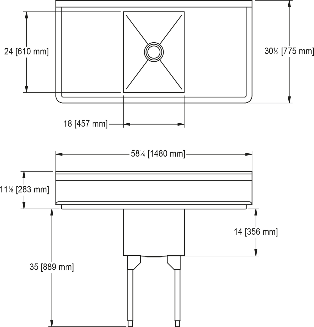 Franke Commercial scullery sink SSL2418LR-1 dimension drawing