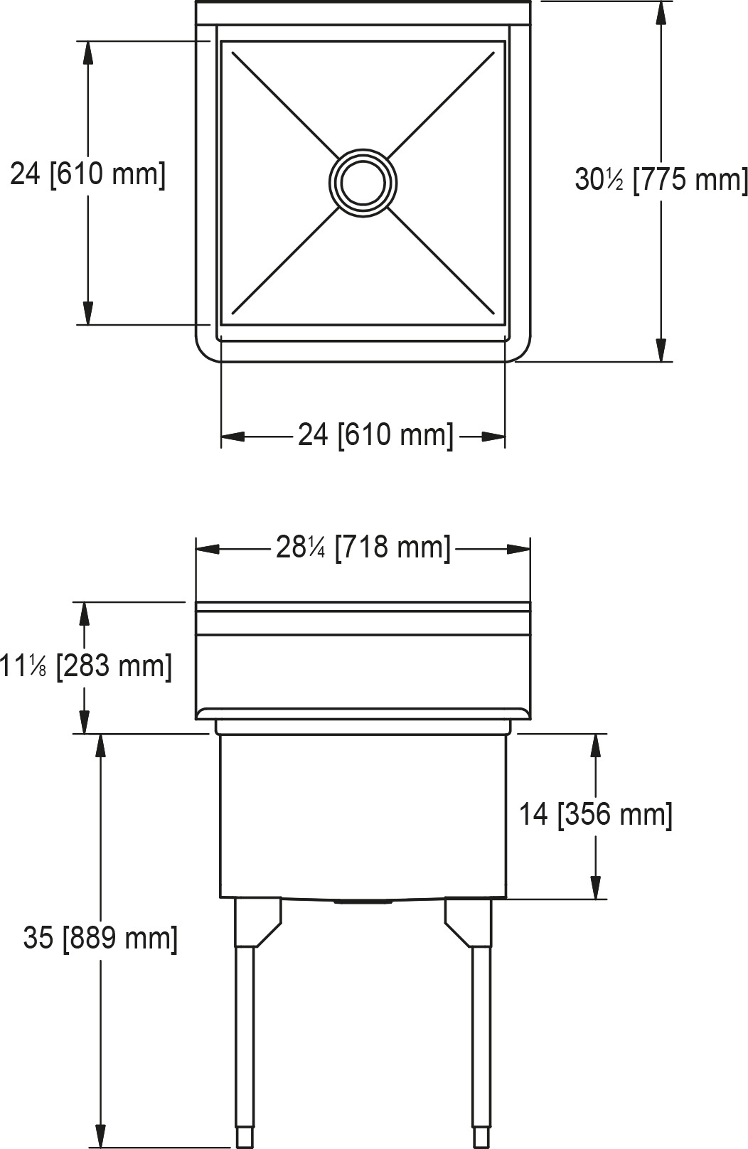 Franke Commercial scullery sink SSL2424-1 dimension drawing
