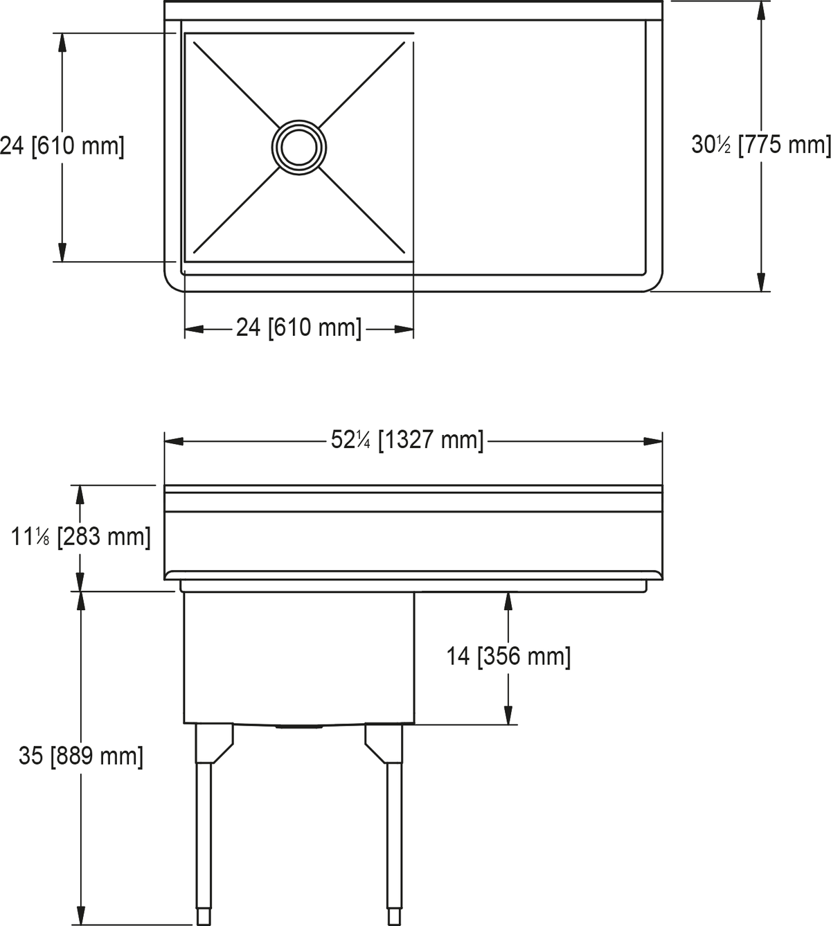 Franke Commercial scullery sink SSL2424R-1 dimension drawing