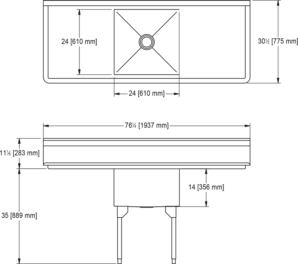 Franke Commercial scullery sink SSL2424LR-1 dimension drawing