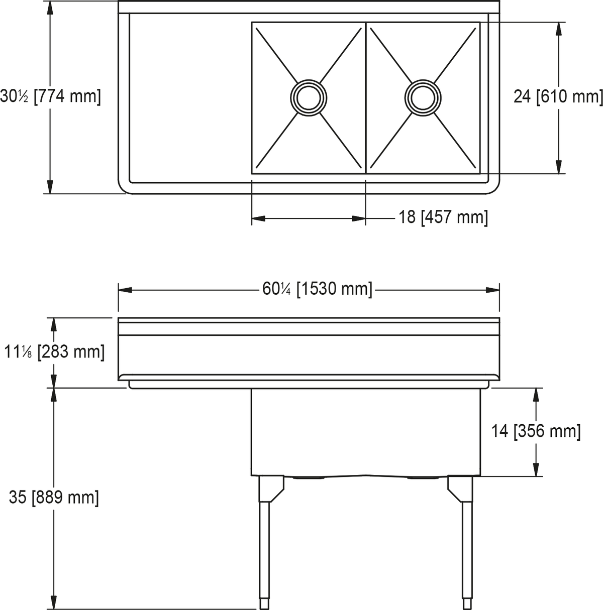 Franke Commercial scullery sink SDL2436L-1 dimension drawing