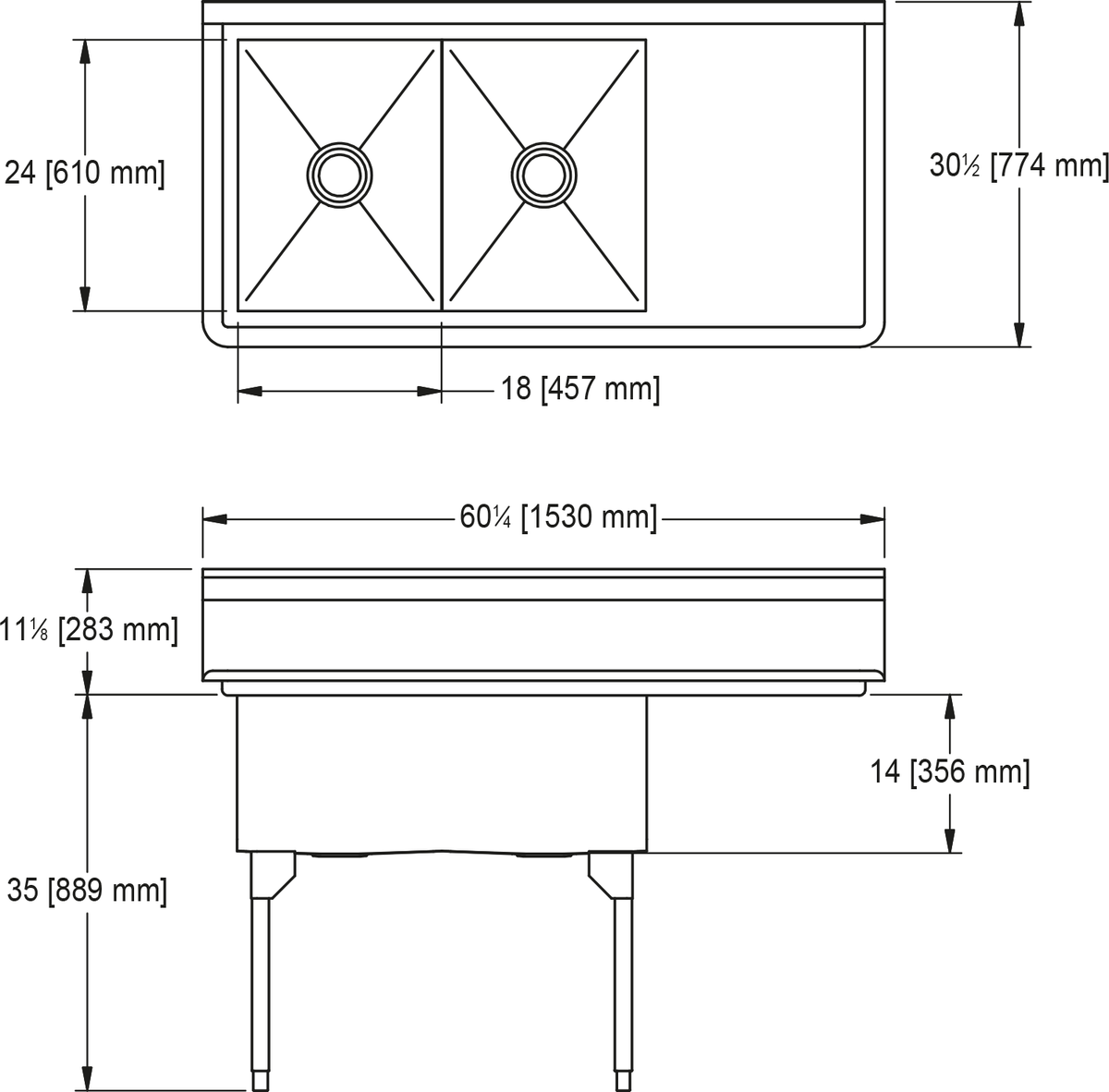 Franke Commercial scullery sink SDL2436R-1 dimension drawing