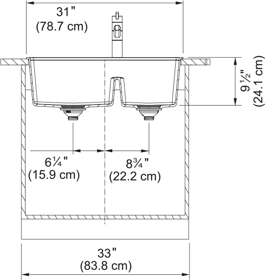 Franke Maris 31" dual mount fragranite kitchen sink MAG6601611LD dimension drawing