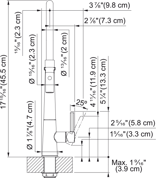 Franke Icon semi-pro pull-down kitchen faucet ICN-SP-MBK dimension drawing