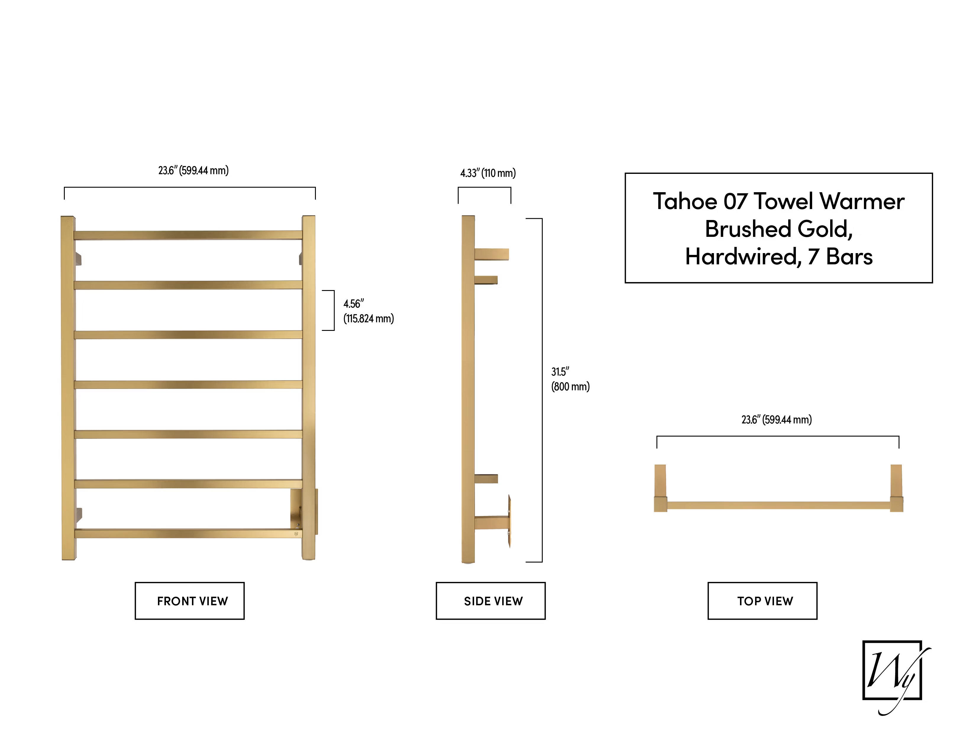 Tahoe 7 Towel Warmer, Brushed Gold, Hardwired, 7 bars - 	TWS2-TAH07GH - Plumbing Market