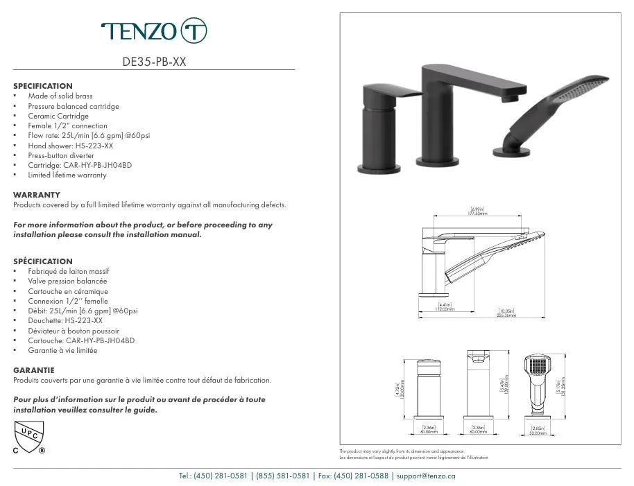 Tenzo Delano 3 Pieces Pressure Balanced Deck Mount Tub Filler - DE35-PB