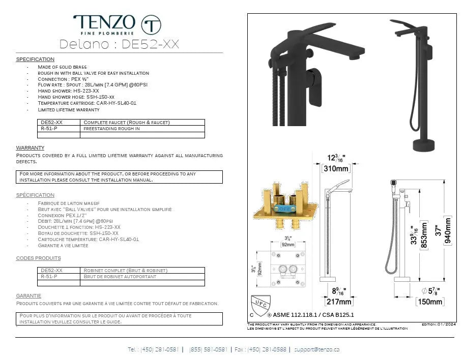 Tenzo Delano Free Standing Tub Filler Rough in Included - DE52