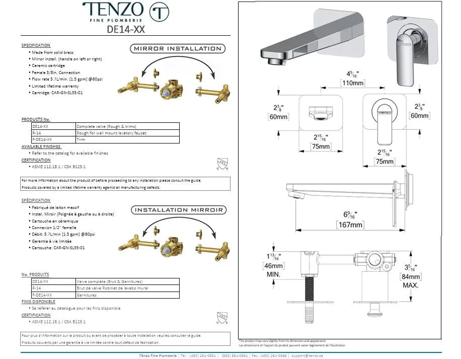 Tenzo Delano Wall mount Bathroom Faucet With Drain DE14-P