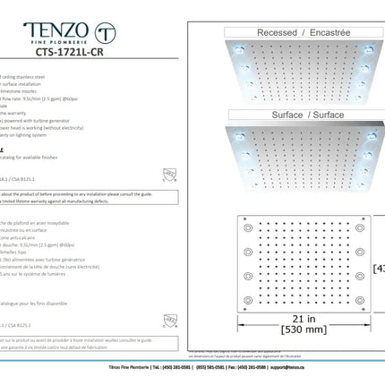 Tenzo Recessed Ceiling shower head 43x53cm [17x21in] with LED - Plumbing Market