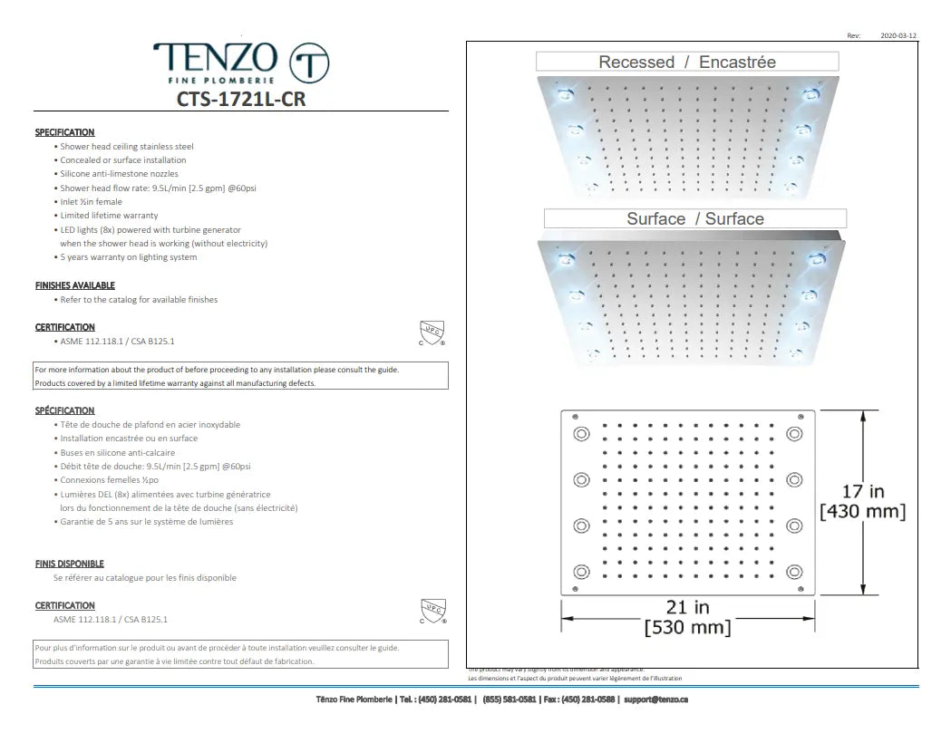 Tenzo Recessed Ceiling shower head 43x53cm [17x21in] with LED - Plumbing Market