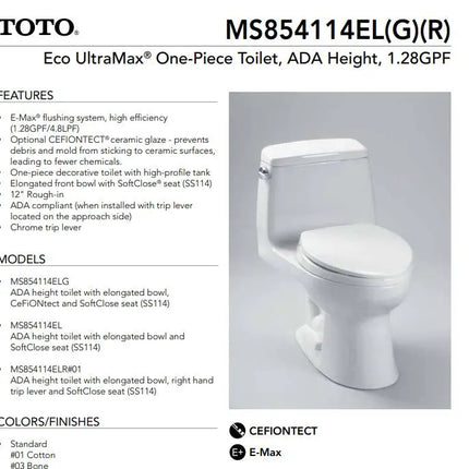 Toto Eco Ultramax 1.28gpf Elongated Ada Toilet With Seat MS854114EL#01 - Plumbing Market