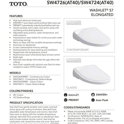 Toto Washlet S7 Contemporary Elongated Bidet Toilet Seat Ewater+ - Plumbing Market