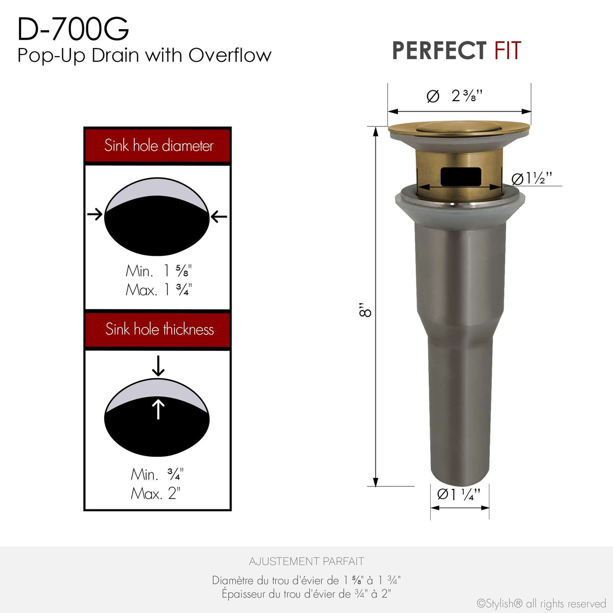 Stylish Pop-Up Bathroom Sink Drains Set with Overflow Brushed Gold D-700G2
