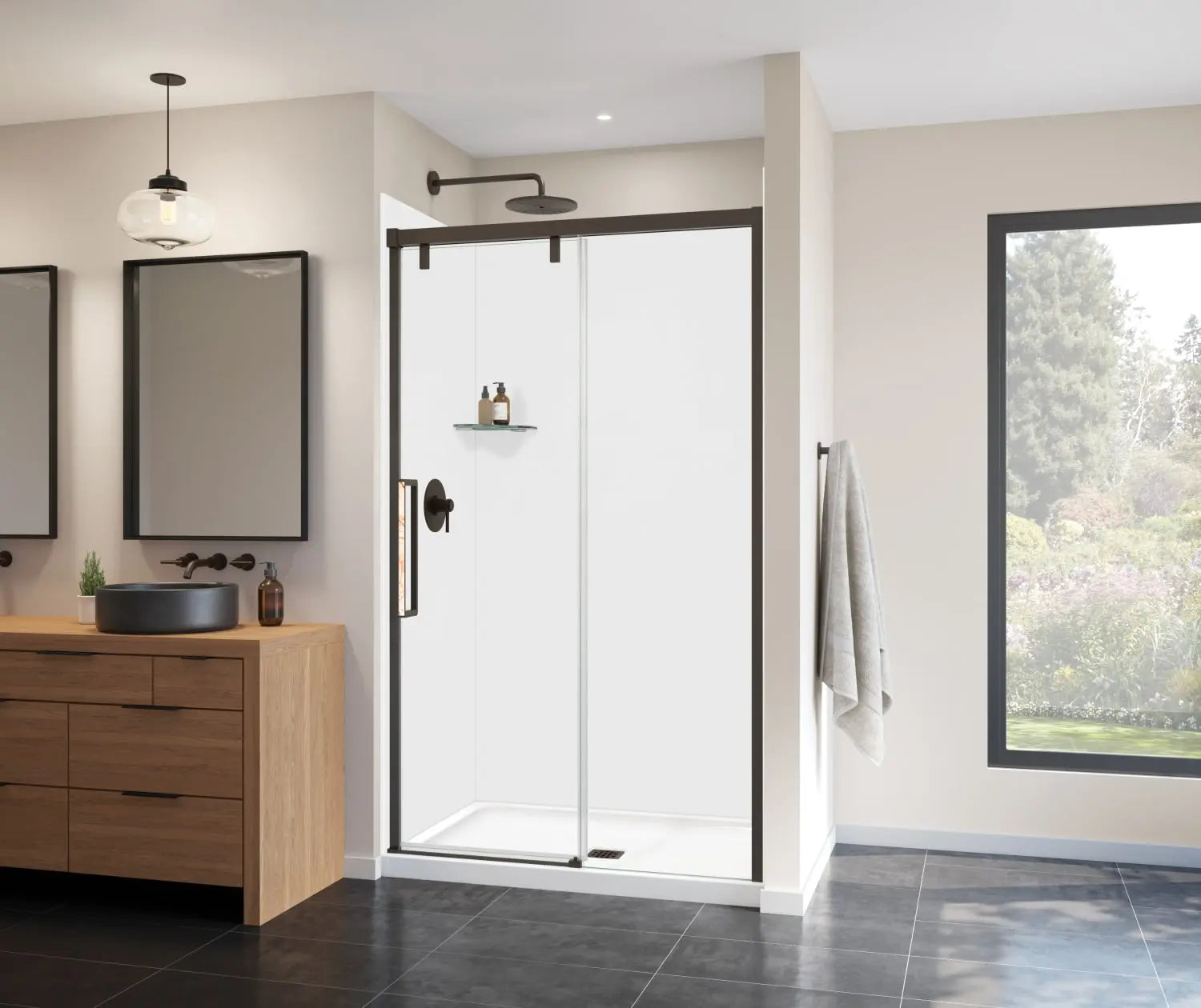 Uptown 44-47 x 76 in. 8 mm Sliding Shower Door for Alcove Installation with Clear glass in Dark Bronze & Beige Marble - Plumbing Market