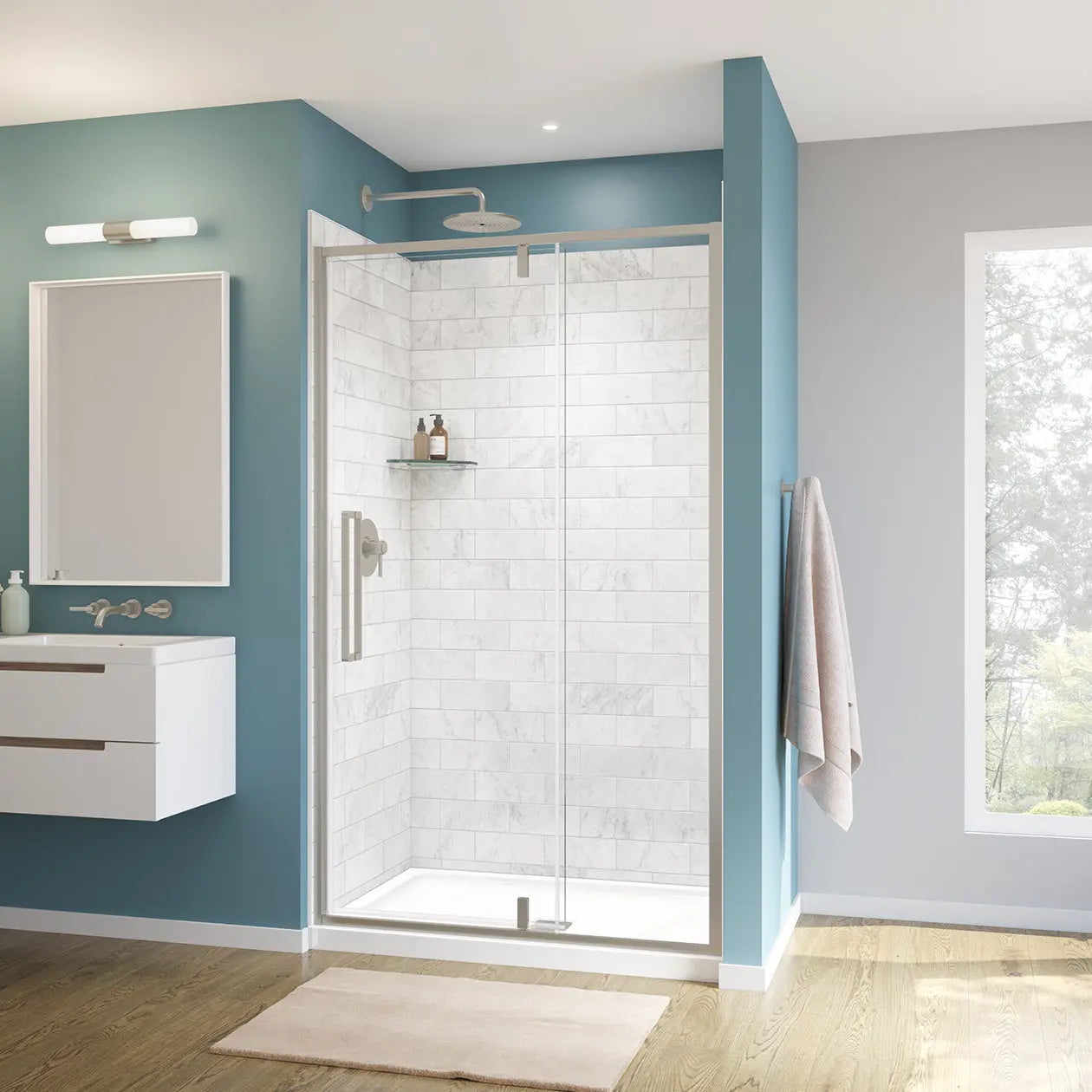 Uptown 45-47 x 76 in. 8 mm Pivot Shower Door for Alcove Installation with Clear glass in Brushed Nickel - Plumbing Market