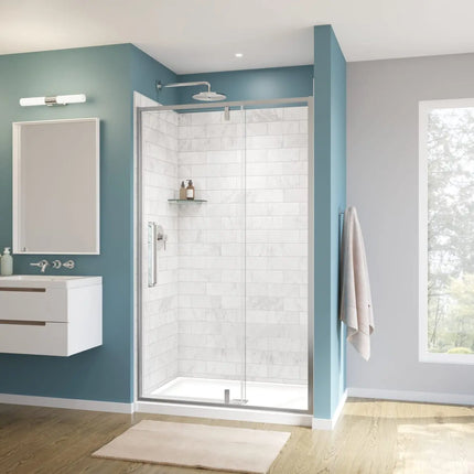Uptown 45-47 x 76 in. 8 mm Pivot Shower Door for Alcove Installation with Clear glass in Chrome & White Marble - Plumbing Market