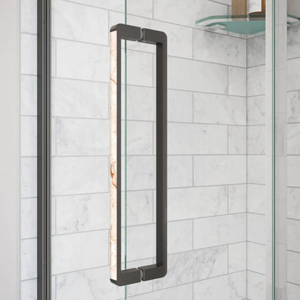Uptown 45-47 x 76 in. 8 mm Pivot Shower Door for Alcove Installation with Clear glass in Dark Bronze & Beige Marble - Plumbing Market