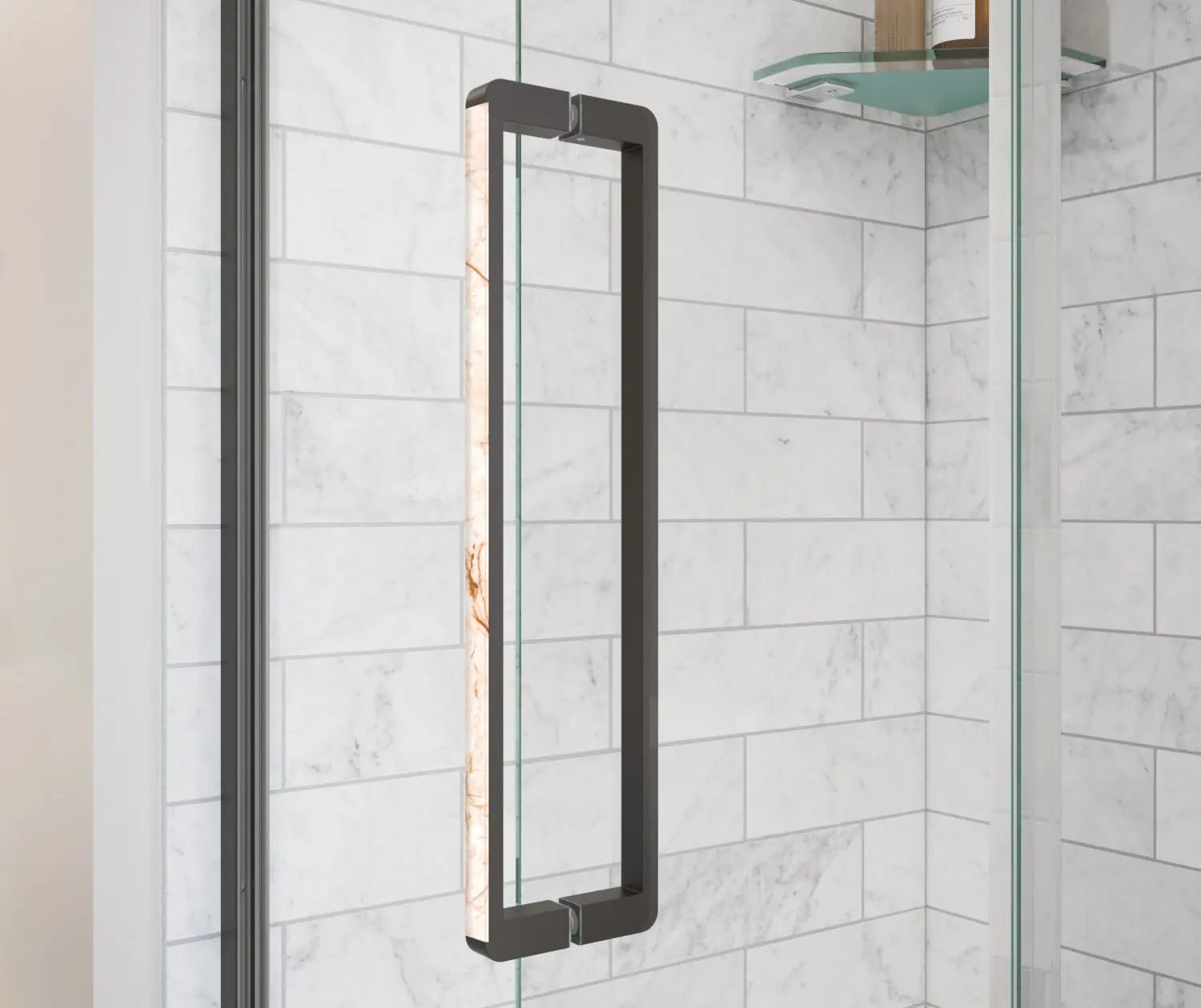 Uptown 45-47 x 76 in. 8 mm Pivot Shower Door for Alcove Installation with Clear glass in Dark Bronze & Beige Marble - Plumbing Market