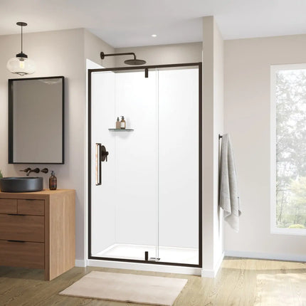 Uptown 45-47 x 76 in. 8 mm Pivot Shower Door for Alcove Installation with Clear glass in Dark Bronze & Beige Marble - Plumbing Market