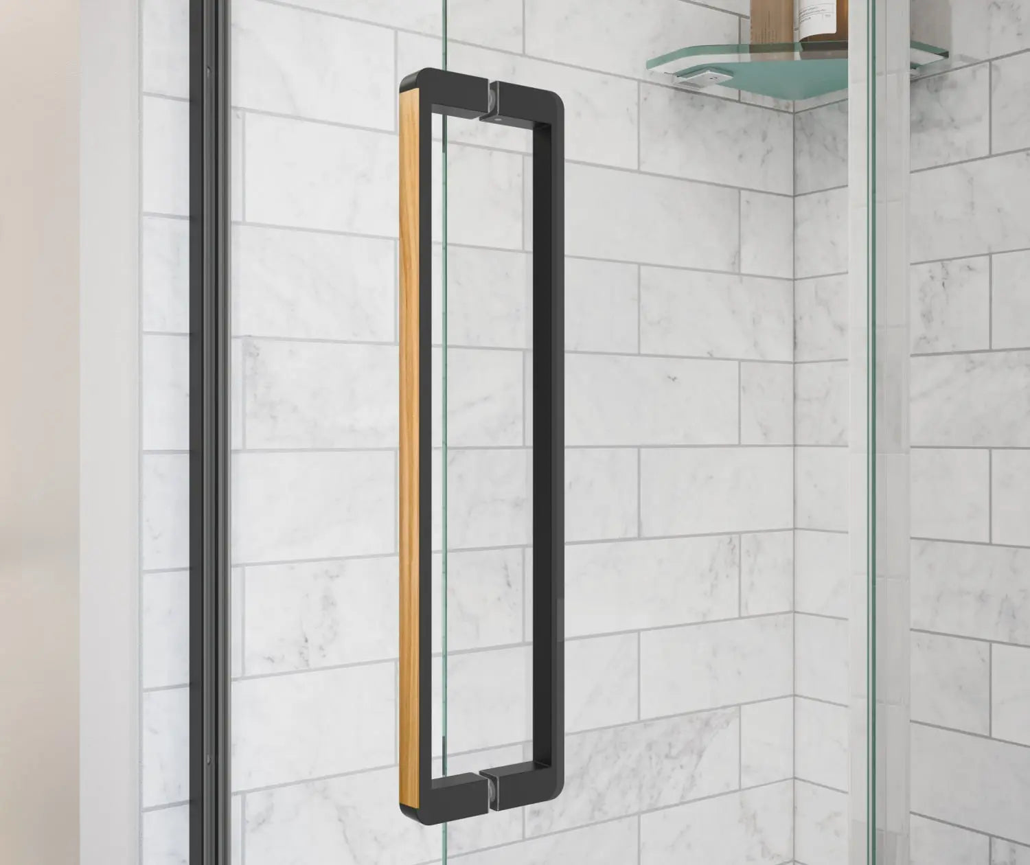 Uptown 45-47 x 76 in. 8 mm Pivot Shower Door for Alcove Installation with Clear glass in Matte Black & Wood - Plumbing Market